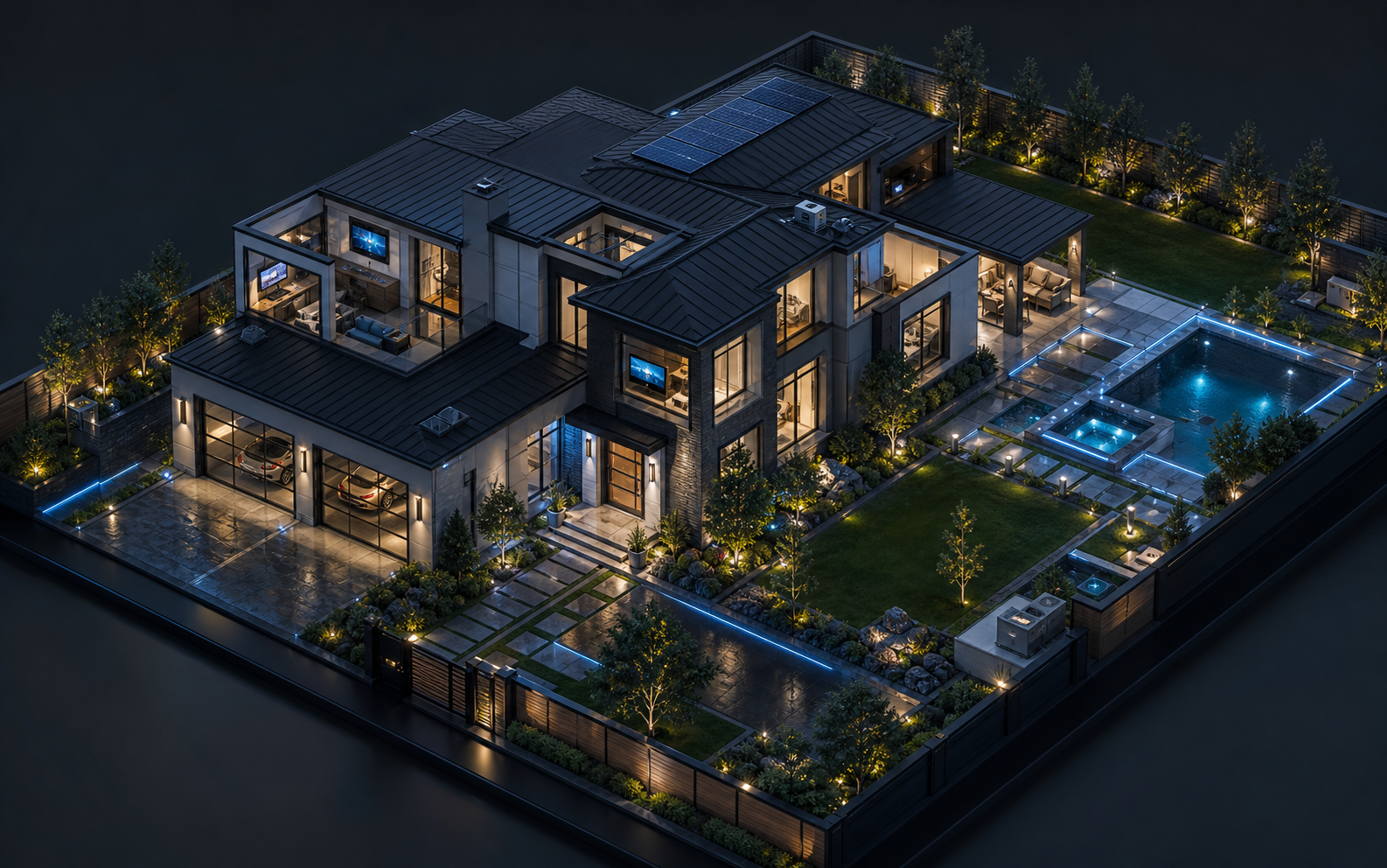 Futuristic isometric smart home with garage, landscaped yards, pool and connected home systems